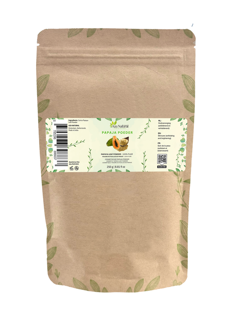 Papayablatt-Pulver 250 g von Aza Natural, wiederverschließbarer Kraftbeutel mit dem Etikett Papaja poeder