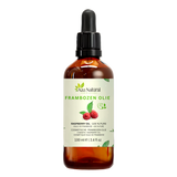 Frambozenolie 100 ml van Aza Natural, fles van donker glas met pipet en een etiket met twee frambozen en een blad