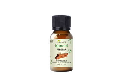 Flesje kaneel olie van Aza Natural, 10 ml, bruin glas met zwarte dop en een etiket met kaneelstokjes
