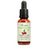 Fles frambozenolie van Aza Natural, 30 ml, donker glas met pipet en een etiket met twee frambozen en een blad