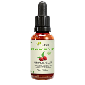 Fles frambozenolie van Aza Natural, 30 ml, donker glas met pipet en een etiket met twee frambozen en een blad