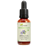 Fles bernagie olie van Aza Natural, 30 ml, donker glas met pipet en een etiket met blauwe bernagiebloemen en bladeren