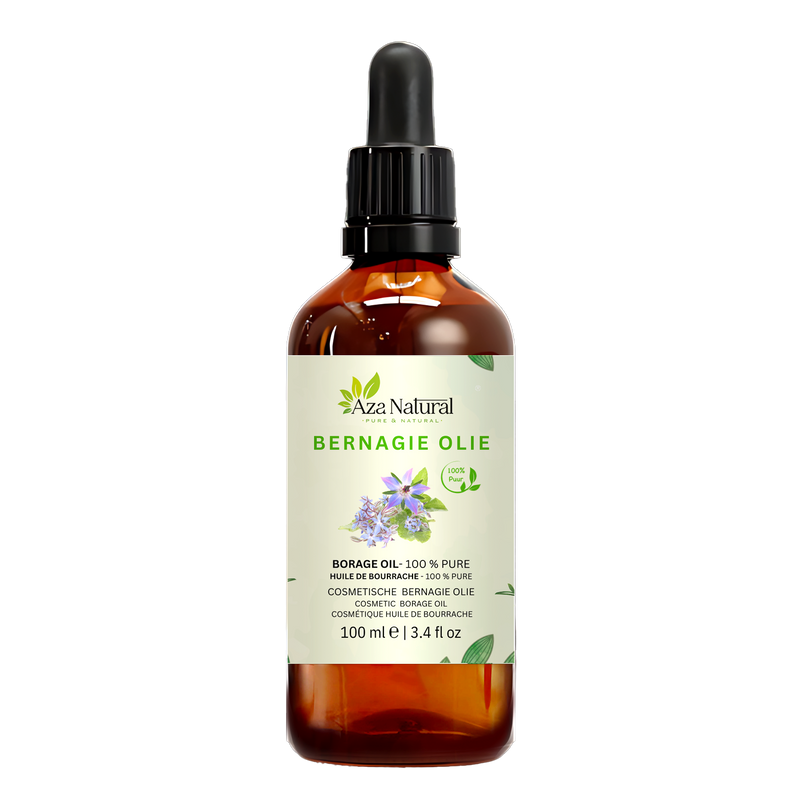 Borretschöl 100 ml von Aza Natural, Flasche aus dunklem Glas mit Pipette, Etikett mit blauen Borretschblüten und Blättern