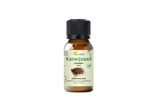 Petit flacon d’huile de carvi Aza Natural, 10 ml, verre brun à bouchon noir, étiquette avec un dessin de graines de carvi