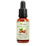 Flacon d’huile de macadamia Aza Natural, 30 ml, verre foncé avec pipette, étiquette avec noix de macadamia et feuille verte