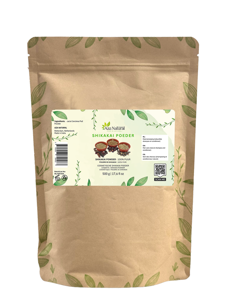 Beutel Shikakai-Pulver von Aza Natural, 500 Gramm, Kraftpapier mit Zip, Etikett mit Schälchen Pulver und Schoten