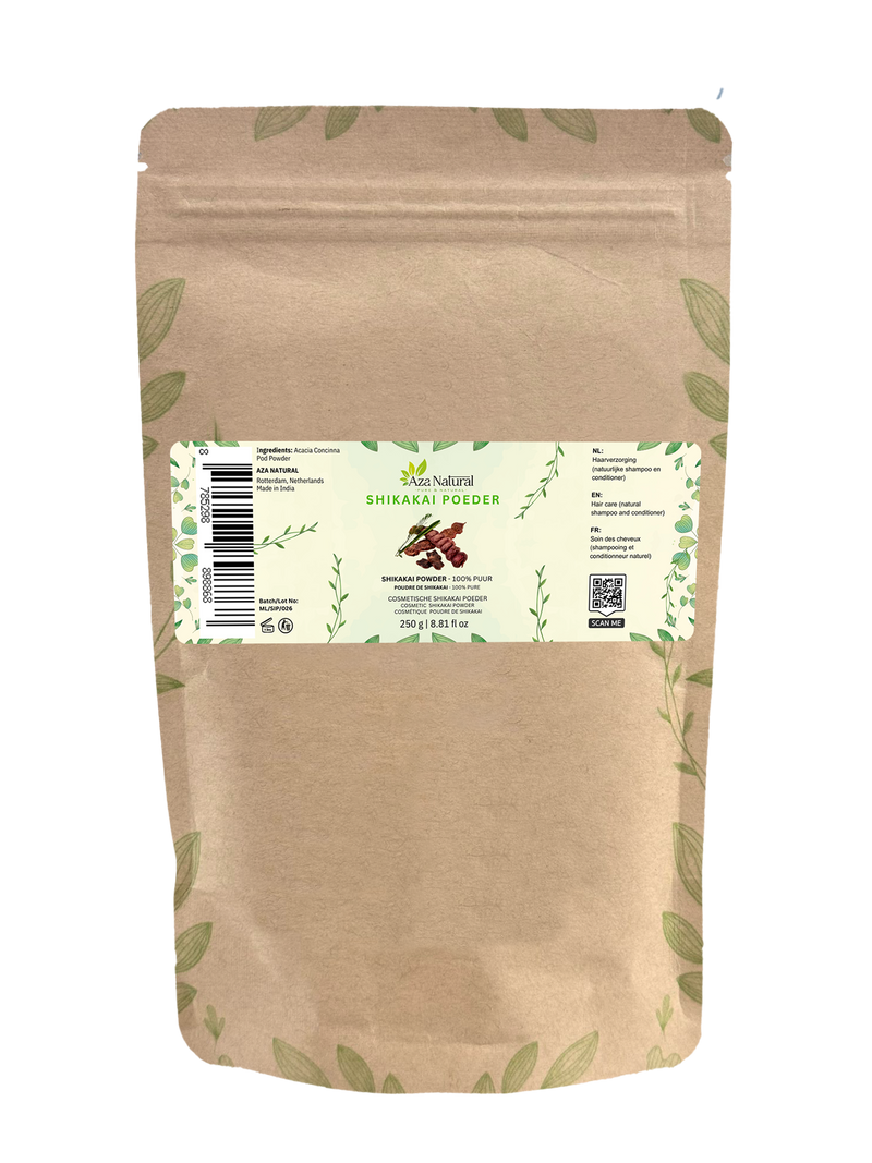 Beutel Shikakai-Pulver von Aza Natural, 250 Gramm, Kraftpapier mit Zip, Etikett mit getrockneten Shikakai-Schoten