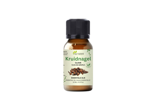 Flesje kruidnagel olie van Aza Natural, 10 ml, bruin glas met zwarte dop en een etiket met gedroogde kruidnagels
