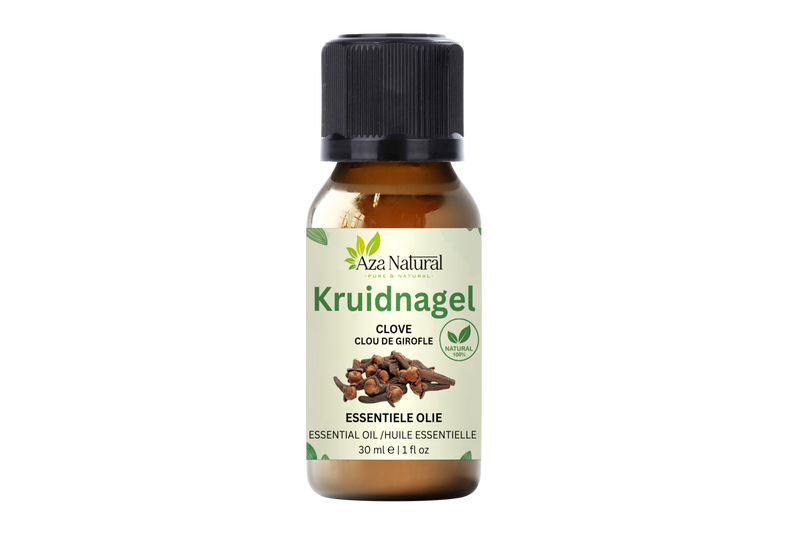 Nelkenöl 30 ml von Aza Natural, Fläschchen aus braunem Glas mit schwarzem Deckel und einem Etikett mit Gewürznelken