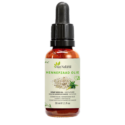 Flasche Hanfsamenöl von Aza Natural, 30 ml, dunkles Glas mit Pipette und ein Etikett mit Hanfsamen und einem Hanfblatt