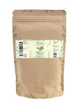 Zak sidr poeder van Aza Natural, 250 gram, kraftpapier met ritssluiting en een etiket met een schaaltje groen poeder