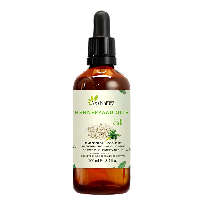 Hennepzaad olie 100 ml van Aza Natural, fles van donker glas met pipet en een etiket met hennepzaadjes en een hennepblad