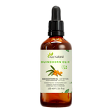 Flacon d’huile d’argousier Aza Natural, 100 ml, verre foncé et pipette, étiquette avec branche d’argousier aux baies orange