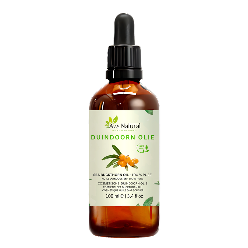 Flasche Sanddornöl von Aza Natural, 100 ml, dunkles Glas mit Pipette, Etikett mit einem Sanddornzweig mit orangen Beeren