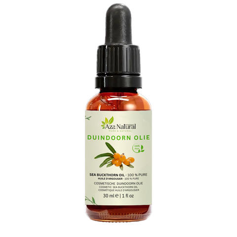Flacon d’huile d’argousier Aza Natural, 30 ml, verre foncé et pipette, étiquette avec branche d’argousier aux baies orange