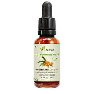 Fles duindoornolie van Aza Natural, 30 ml, donker glas met pipet en een etiket met een tak duindoorn met oranje bessen