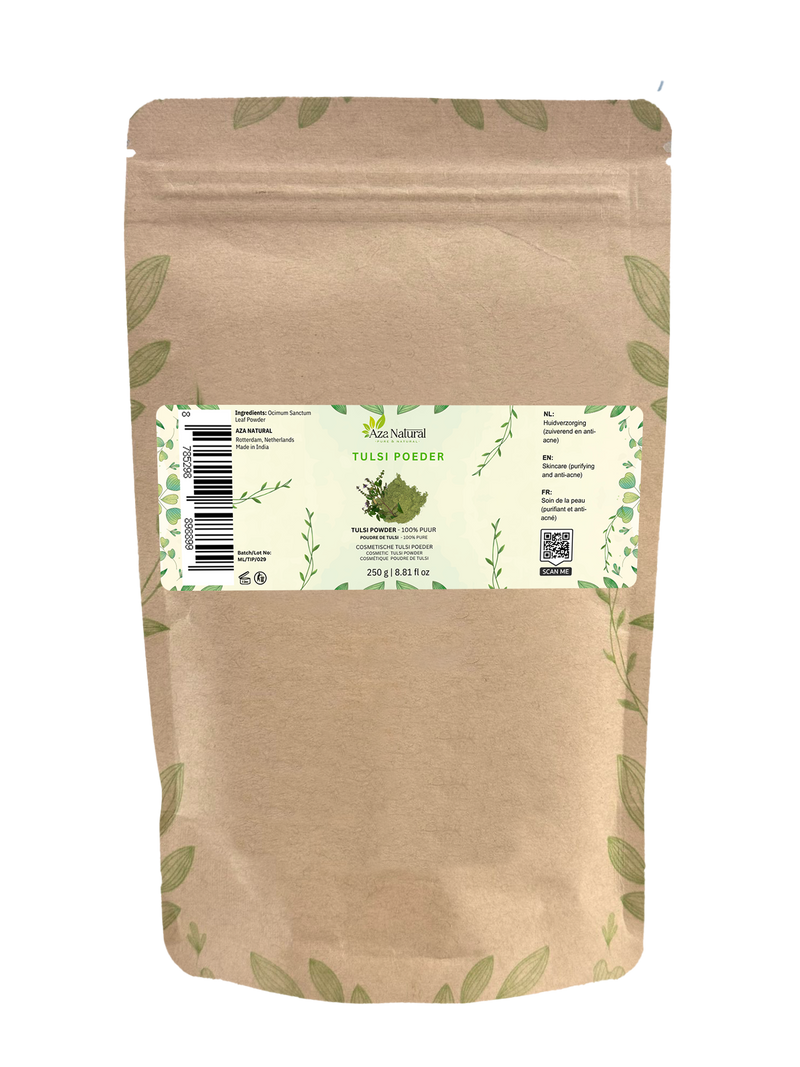 Beutel Tulsi-Pulver von Aza Natural, 250 g, Kraftpapier mit Zip und ein Etikett mit einem Tulsizweig und grünem Pulver