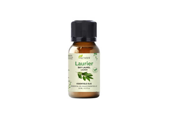 Flesje laurier etherische olie van Aza Natural, 10 ml, bruin glas met zwarte dop en een etiket met een takje laurierblad