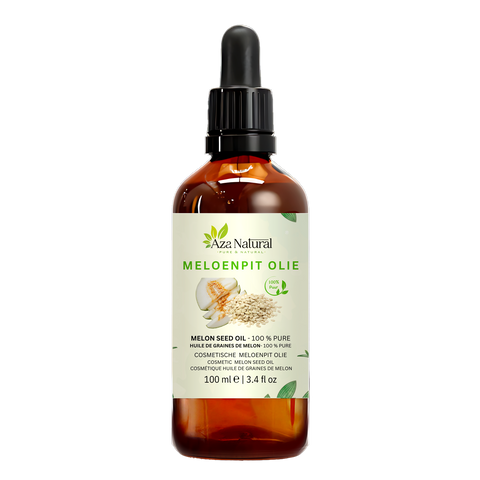 Meloenpit olie 100 ml van Aza Natural, fles van donker glas met pipet en een etiket met een meloen en bleke meloenpitten