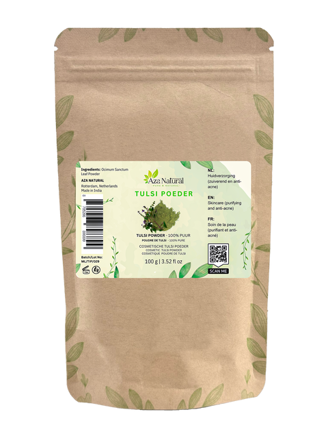 Beutel Tulsi-Pulver von Aza Natural, 100 g, Kraftpapier mit Zip und ein Etikett mit einem Tulsizweig und grünem Pulver