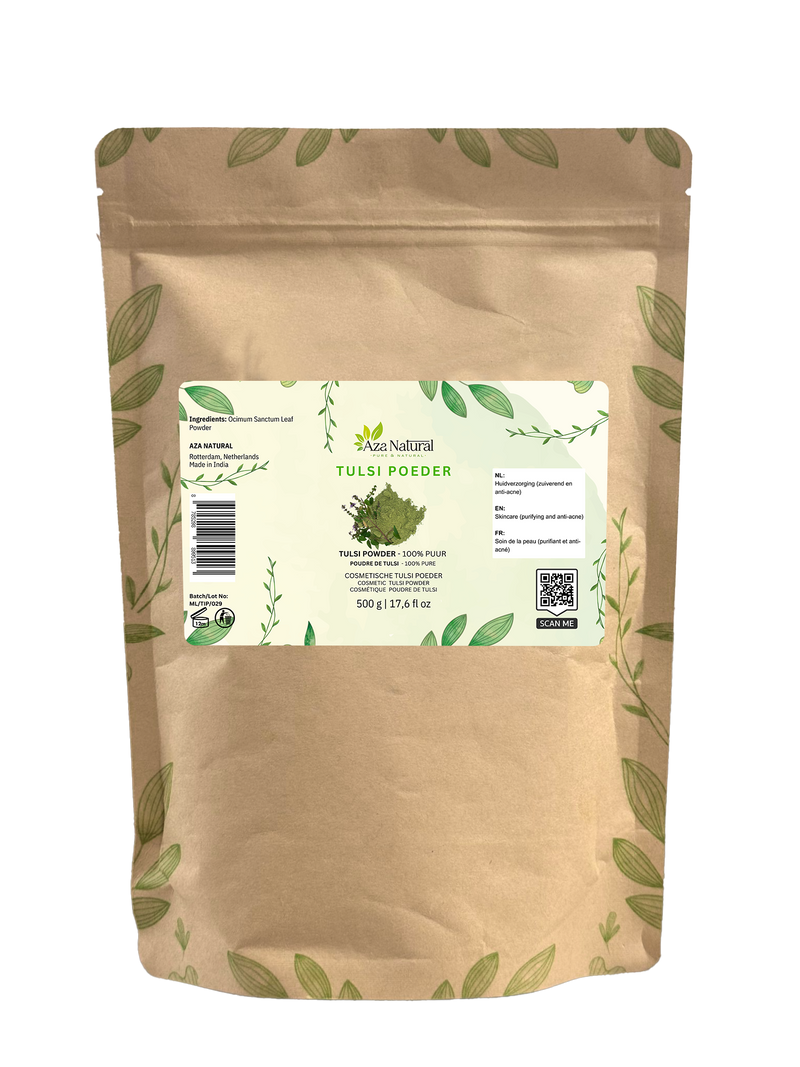 Beutel Tulsi-Pulver von Aza Natural, 500 g, Kraftpapier mit Zip und ein Etikett mit einem Tulsizweig und grünem Pulver