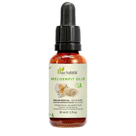 Flacon d’huile de pépins de melon Aza Natural, 30 ml, verre foncé avec pipette, étiquette avec un melon et des pépins pâles