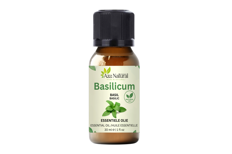 Basilikumöl 30 ml von Aza Natural, Fläschchen aus Braunglas mit schwarzem Deckel und ein grünes Etikett mit Basilikumblatt