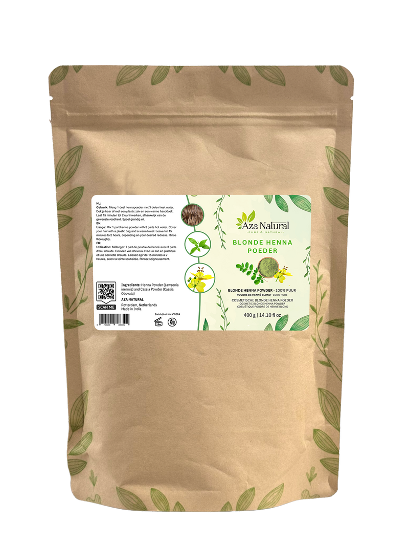Beutel blondes Henna-Pulver von Aza Natural, 400 Gramm, Kraftpapier mit Zipverschluss und ein Etikett mit einem Hennablatt