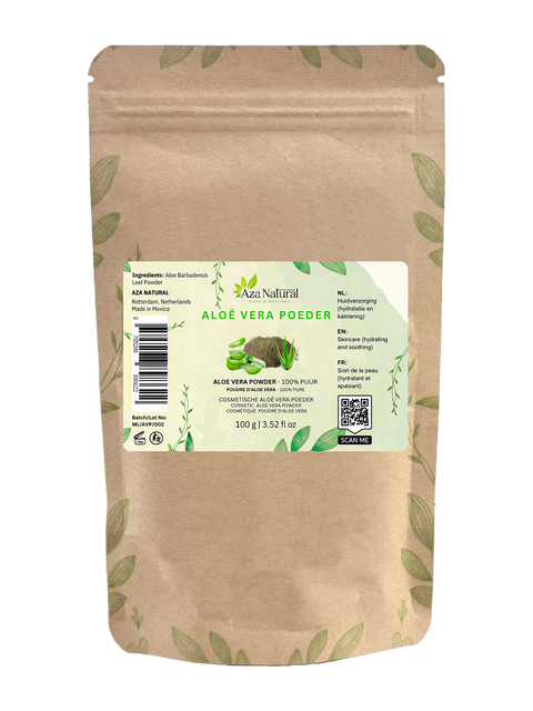 Zak aloë vera poeder van Aza Natural, 100 gram, kraftpapier met ritssluiting en een etiket met groen poeder en aloëbladeren