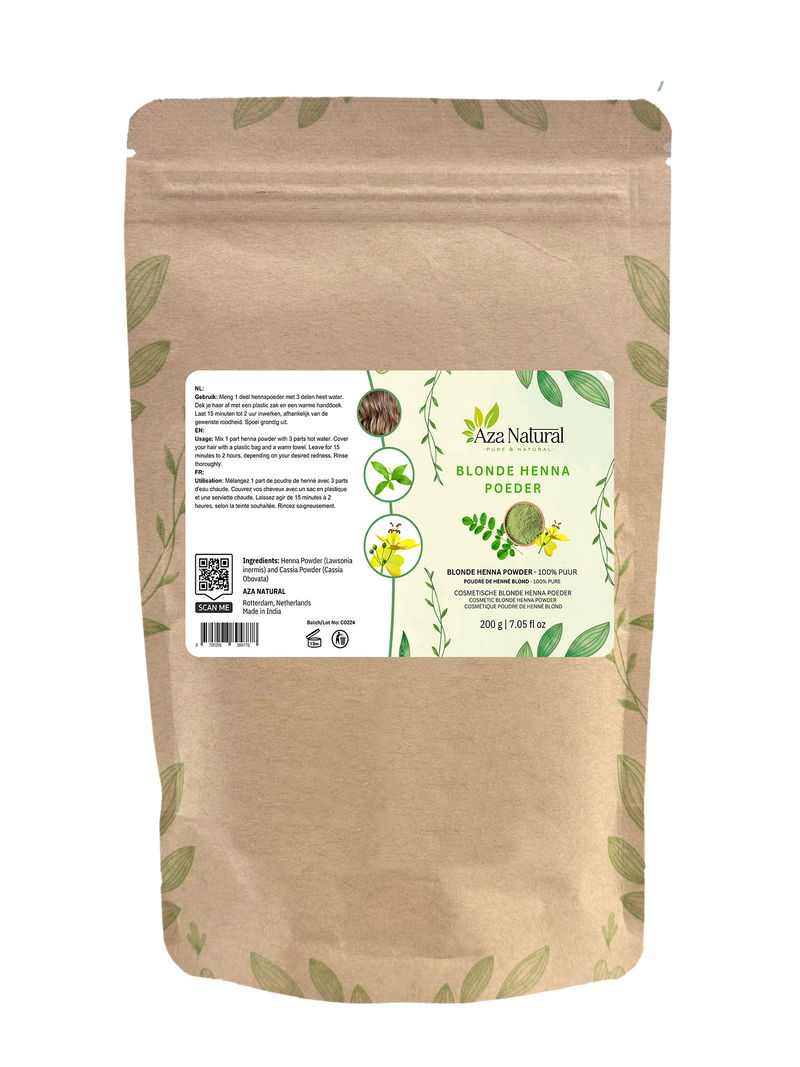 Beutel blondes Henna-Pulver von Aza Natural, 200 Gramm, Kraftpapier mit Zipverschluss und ein Etikett mit einem Hennablatt
