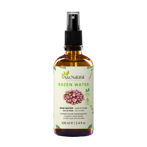 Flesje rozenwater van Aza Natural, 100 ml, bruin glas met sprayknop en een etiket met getekende rozenknopjes
