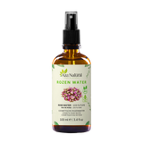 Flesje rozenwater van Aza Natural, 100 ml, bruin glas met sprayknop en een etiket met getekende rozenknopjes