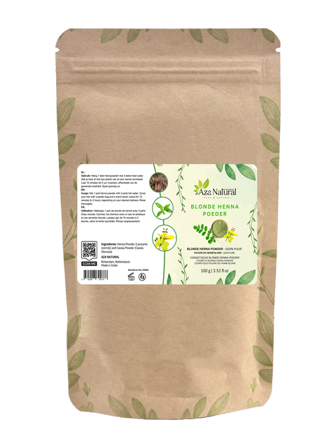 Zak blonde henna poeder van Aza Natural, 100 gram, kraftpapier met ritssluiting en een etiket met hennablad