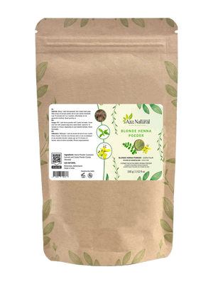Beutel blondes Henna-Pulver von Aza Natural, 100 Gramm, Kraftpapier mit Zipverschluss und ein Etikett mit einem Hennablatt