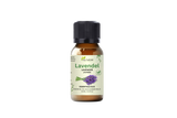 Flacon d’huile essentielle de lavande Aza Natural, 10 ml, verre brun à bouchon noir, étiquette avec un bouquet de lavande
