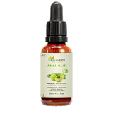 Fles amla olie van Aza Natural, 30 ml, donker glas met pipet en een etiket met groene amlavruchten en blaadjes