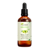 Amla olie 100 ml van Aza Natural, fles van donker glas met pipet en een etiket met groene amlavruchten en blaadjes