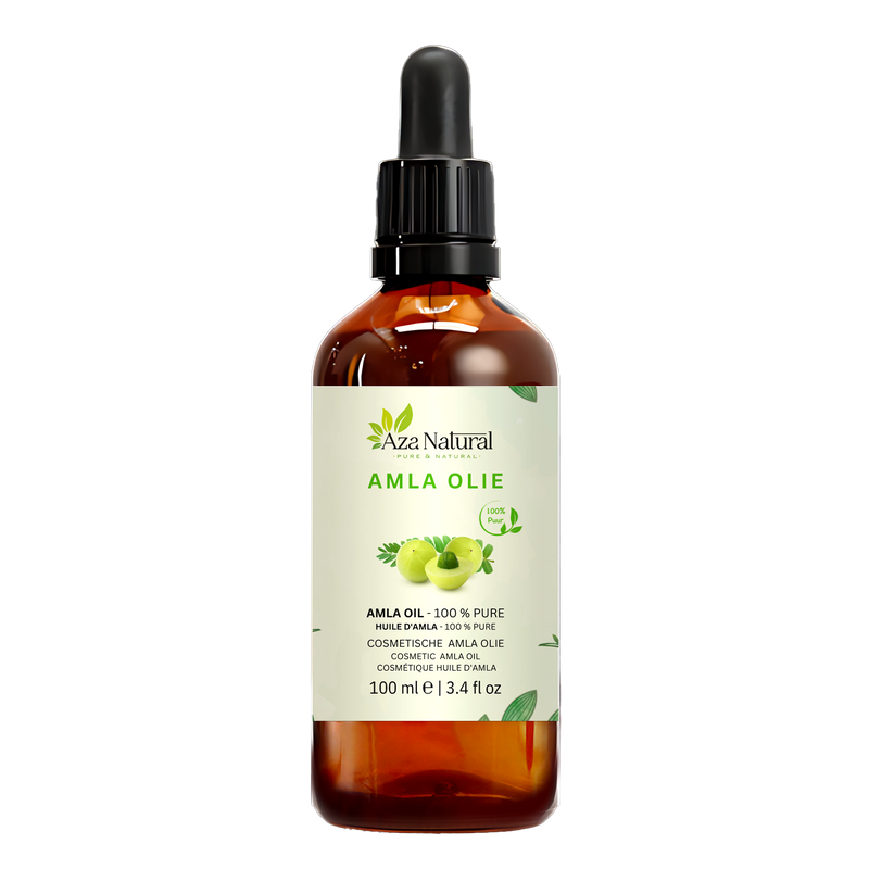 Amla-Öl 100 ml von Aza Natural, Flasche aus dunklem Glas mit Pipette, Etikett mit grünen Amlafrüchten und Blättern