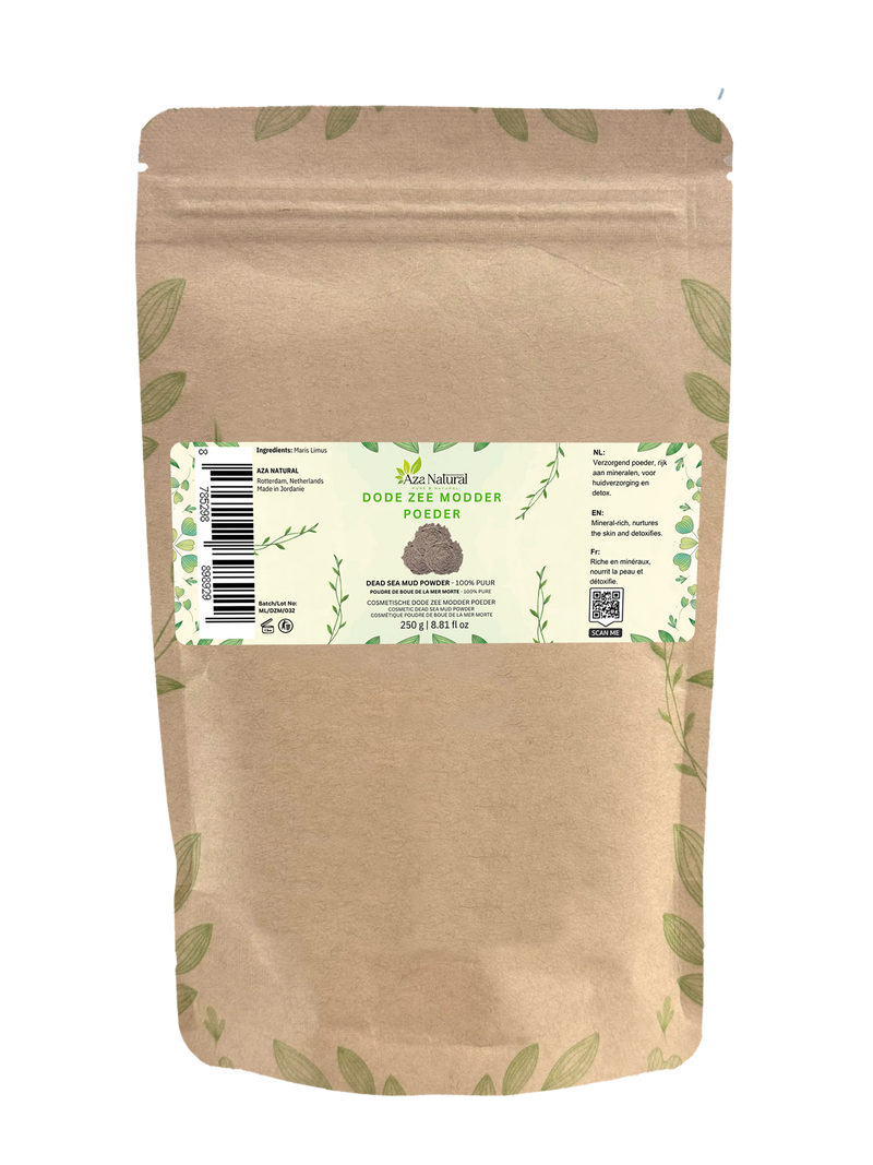 Totes-Meer-Schlamm Pulver 250 Gramm von Aza Natural, wiederverschließbarer Kraftbeutel mit Etikett