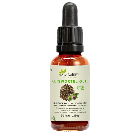 Fles kliswortel olie van Aza Natural, 30 ml, donker glas met pipet en een etiket met gesneden kliswortel en klisbloemen