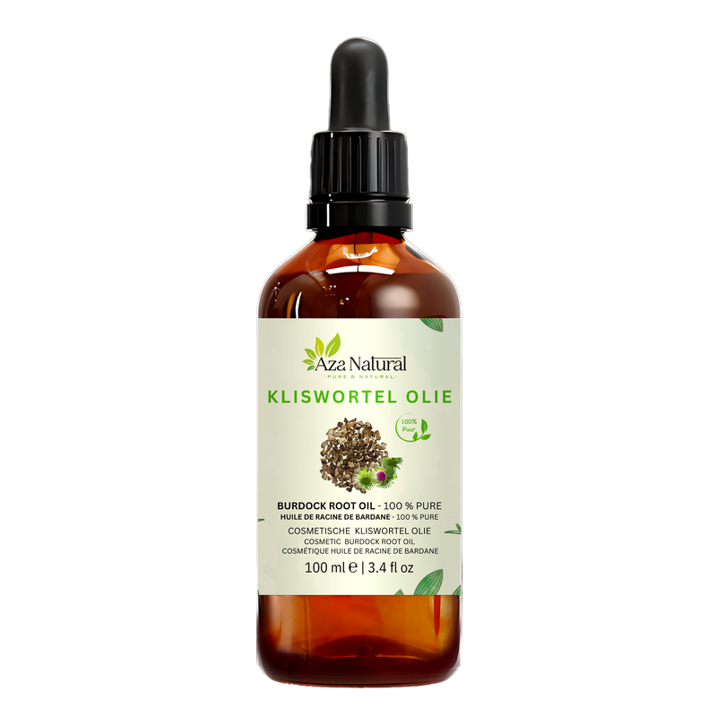 Kliswortel olie 100 ml van Aza Natural, fles van donker glas met pipet en een etiket met gesneden kliswortel en klisbloemen