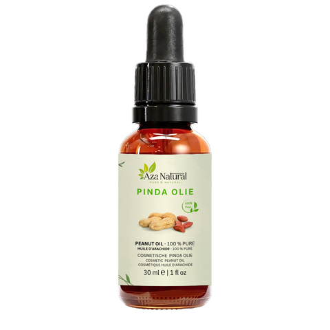 Flacon d’huile d’arachide Aza Natural, 30 ml, verre foncé avec pipette et une étiquette avec des cacahuètes en coque