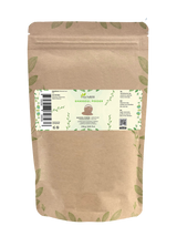 Sachet d’argile ghassoul Aza Natural, 250 grammes, papier kraft zippé, étiquette avec une coupelle de poudre brun clair