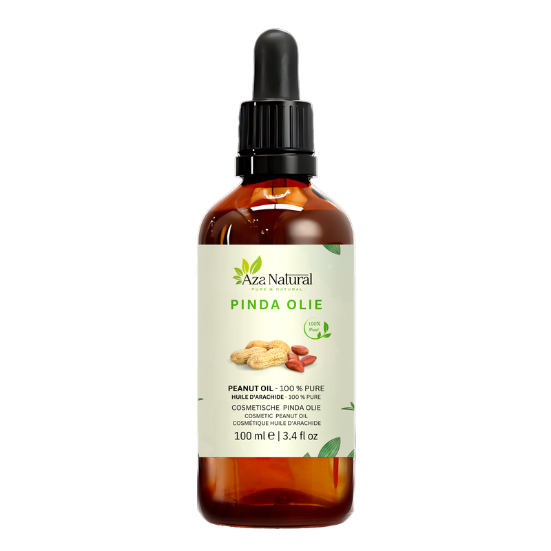 Flacon d’huile d’arachide Aza Natural, 100 ml, verre foncé avec pipette et une étiquette avec des cacahuètes en coque