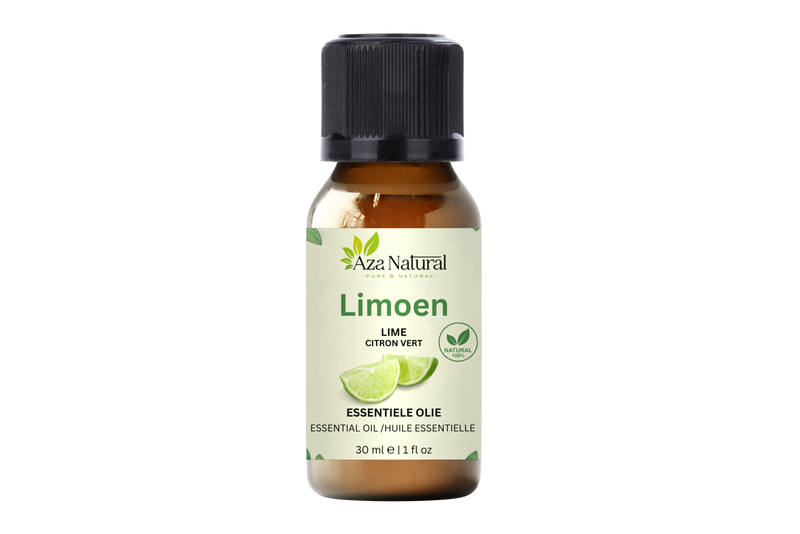 Limettenöl 30 ml von Aza Natural, Fläschchen aus braunem Glas mit schwarzem Deckel und ein grünes Etikett mit Limettenspalten