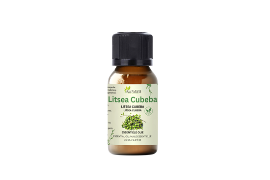 Flesje litsea cubeba olie van Aza Natural, 10 ml, bruin glas met zwarte dop en een etiket met een tak groene bessen