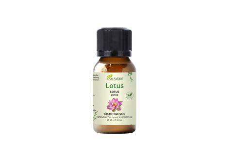 Flacon d’huile de lotus d’Aza Natural, 10 ml, verre brun, bouchon noir, étiquette à la fleur de lotus rose