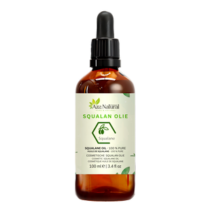 Fles squalaan olie van Aza Natural, 100 ml, donker glas met pipet en een etiket met een olijftakje in een zeshoek