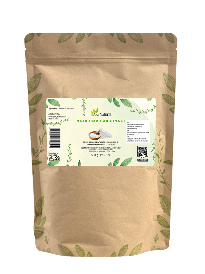 Natron Pulver 500 Gramm von Aza Natural, großer Kraftbeutel mit Etikett Natriumbicarbonaat und Schale mit Schäufelchen