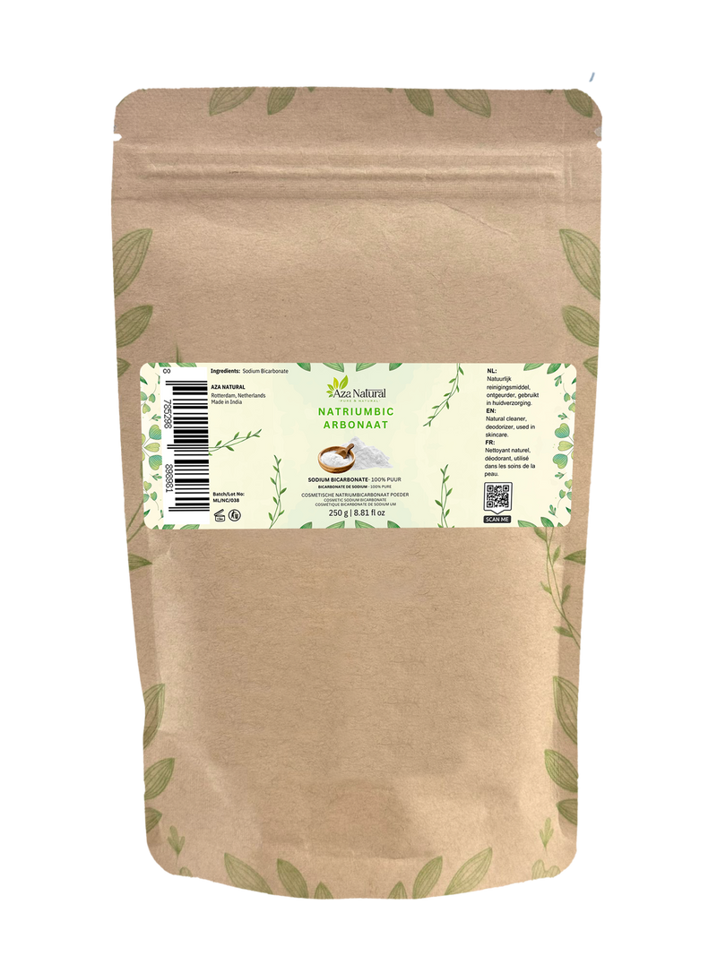 Natron Pulver 250 Gramm von Aza Natural, wiederverschließbarer Kraftbeutel mit Etikett Natriumbicarbonaat